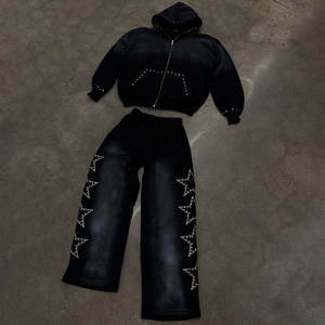OEM Custom Men Heavyweight Cotton Vintage Tracksuit <b>Set</b> with Rhinestone Zip-Up Hoodie and <b>Matching</b> <b>Jogger</b> Streetwear. - Product Image 4