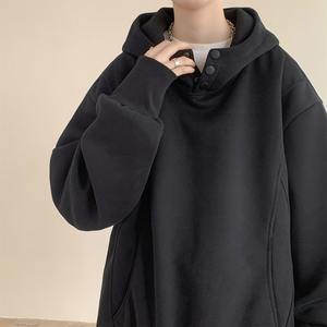 Sweat à capuche pour homme avec boutons décoratifs, sweat à capuche vintage pour homme, couleur unie, manches longues - Product Image 3