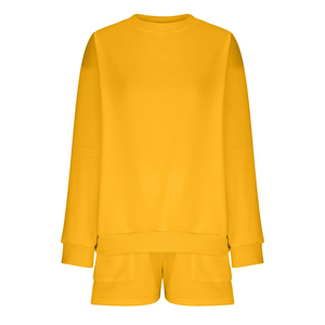 2025 femmes hiver deux pièces Sport Shorts ensembles 100% coton à manches longues hauts décontracté solide motif respirant tenue quotidienne - Product Image 6