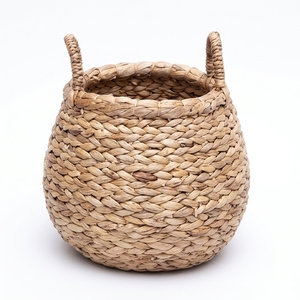 Panier de rangement en jacinthe d'eau naturelle, pot de fleurs sphérique tressé épais avec poignée en arche, décoration artistique pour l'aménagement de la pièce, artisanat d'art pur - Product Image 1