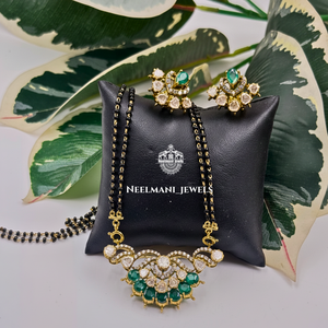 Elegant Green Emerald Stone Mangalsutra Necklace Traditional Bridal Black Bead Jewelry For Women Wedding Wear - Product Image 3