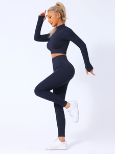 Stylish 2-Pcs Long Sleeve Yoga Set <b>for</b> <b>Women</b> High Quality Spandex/<b>Nylon</b> Front Zipper Top High Waist Butt Lifting Active Pants - Product Image 3