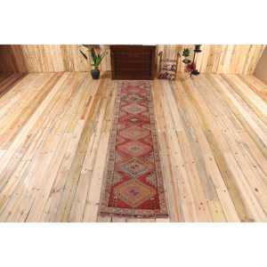 2.2x11 ft Rug, Vintage Turkish Rug, <b>Red</b> Brown Camouflage <b>Wool</b> Rug - Product Image 1