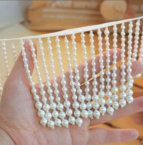 Cream White Pearls <b>Beaded</b> <b>Trim</b>, Tassel Lace <b>Trim</b>, Champagne Pearls Fringe Lace <b>Trim</b> for Home Decor - Product Image 2