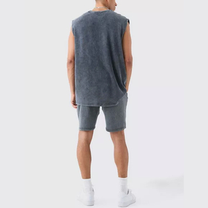 Ensemble débardeur et short personnalisé à ourlet brut lavé à l'acide avec tissu en coton de qualité supérieure Ensembles de shorts vierges pour hommes - Product Image 5
