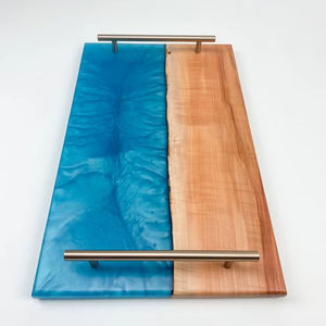Plateau de service en bois fait main avec résine époxy bleue, poignées en acier inoxydable, plateau de charcuterie de luxe, plateau de nourriture pour la cuisine, plateau pour la maison, hôtel, B2B - Product Image 1