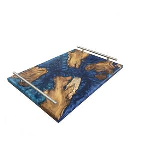 Plateau de service de petit-déjeuner en résine époxy en bois avec poignées de style poignée en métal pour plateau décoratif d'hôtel ou de restaurant à la maison - Product Image 6