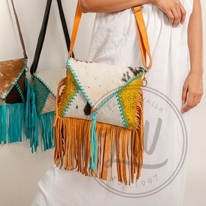 High Quality Boho Women Leather <b>Shoulder</b> Bag New Western Turquoise Stone Single <b>Strap</b> Vintage Portable Design Hide Fur Suede - Product Image 2
