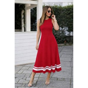 Women's Strappy Round Neck Long <b>Viscose</b> <b>Dress</b> with Ribbon Hem Detail, 34718 - Red - Product Image 2