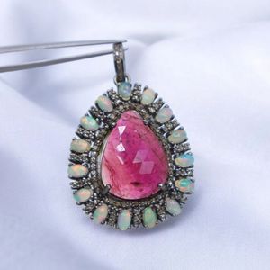 925 plata esterlina Natural turmalina Rosa rebanada facetada corte piedra colgante ópalo etíope colgante diamante colgante - Product Image 3