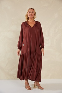 2025 bleu à manches longues Style bohème à manches longues 100% rayonne tissu Maxi robe vacances femmes col en v décontracté dames robe - Product Image 3