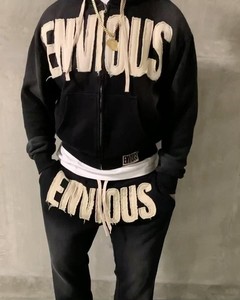 Chándal de felpa francesa personalizado para hombre, conjuntos de Jogger, parche desgastado, apliques, dobladillo crudo, pantalones de chándal acampanados, peso pesado sólido con capucha - Product Image 6