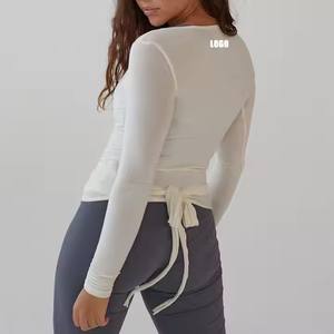 Blouses pour femmes des fabricants personnalisés Tops enveloppants respirants à manches longues avec liens réglables, encolure croisée pour femmes - Product Image 5