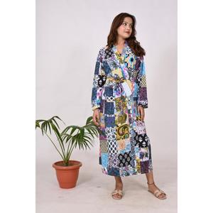 Bata de Kimono de algodón con estampado de bloques de retazos para mujer, hecha a mano en la India, ropa de dormir floral bohemio, bata de dormir suave - Product Image 2