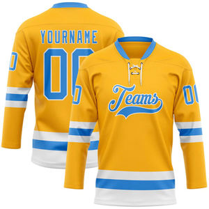 OEM Fabricación personalizada al por mayor Custom Gold Powder Blue-White High Quality Hockey Lace Neck Jersey - Product Image 2