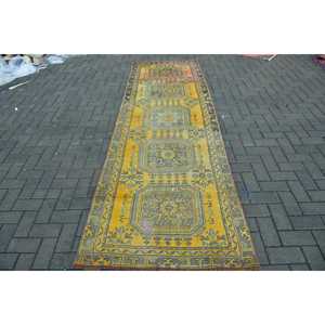 3.3x10.3 ft Turkish Runner Rug, Vintage <b>Yellow</b> Ombr Rug - Product Image 1