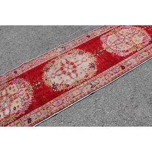 Vintage Turkish Rug 3.1 X 12.2ft <b>Red</b> Beige Wool with Abstract Pattern Large Rectangle Hallway Design New Large Area Room Rug - Product Image 5