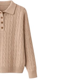 <b>Womens</b> Beige Cable Knit Polo Collar Sweater Long Sleeve Button Placket Soft <b>Warm</b> Winter Casual Pullover <b>Top</b> For Wholesale Buyers - Product Image 4