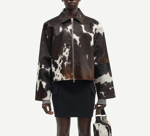 Chaqueta de Cuero Vacuno Natural para Mujer, Chaqueta Elegante de Cuero con Pelo, Transpirable, con Estampado de Vaca - Product Image 5