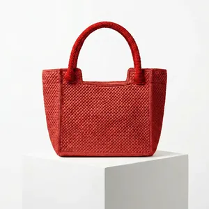 Bolso Tote Tejido de Paja con Asas Naranjas, Estilo Bohemio, Bolso de Compras de Verano, Forro de Algodón, ANA Madagascar H25L25B10cm - Product Image 3