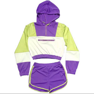Waterproof Polyester Hooded Collar Half Zipper Spring Summer 2 Piece Set Block Print Outdoor Windbreaker Shorts Set Plus Size - Product Image 2