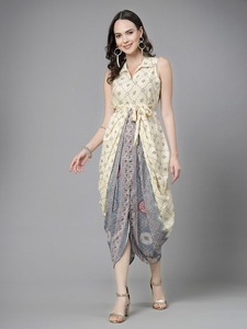 Women's Readymade Ethnic Motifs Printed Dhoti Styled <b>Dress</b> Shirt Collar Sleeveless Designer Indo Western A-Line Silhouette - Product Image 6