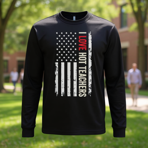 T-shirt à manches longues avec drapeau américain « I Love Hot Teachers », col rond unisexe, chemise promotionnelle pour adultes - Product Image 3