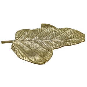 Plateau décoratif en aluminium enduit d'or fait à la main en forme de feuille plat de service orné de plaque en métal centre de table pour la décoration intérieure - Product Image 2