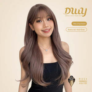 Asha-DWY Large Realistic Scalp Glueless Synthetic <b>Wig</b> Mid-Length Wavy MiraScalp Chocolate <b>Brown</b> Bangs Transparent Lace Color - Product Image 4