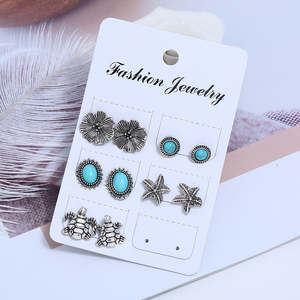 Oxidized Silver and <b>Turquoise</b> Bezel-Set Flower <b>Earrings</b> 5 Pair <b>Studs</b> with Beach-Inspired Design - Product Image 2