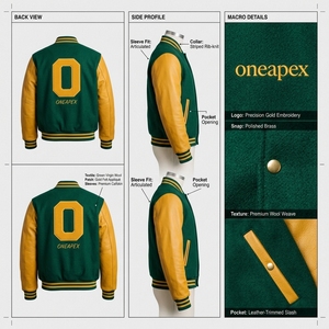 เสื้อแจ็คเก็ต Pro Green Gold Letterman ตัวเสื้อทำจากผ้าขนสัตว์ แขนเสื้อทำจากหนัง คอเสื้อและปลายแขนเสื้อถักแบบริบ ติดกระดุมแป๊กด้านหน้า โลโก้สั่งทำได้ เสื้อผ้าสตรีทแวร์ เสื้อคลุมสำหรับผู้ชาย - Product Image 5