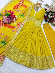 Indian Anarkali mujeres Chinon seda secuencia bordado alto Chinon traje Dupatta costura completa bodas fiestas vestido largo traje - Product Image 4