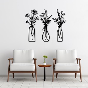 Décoration murale en métal moderne avec motif floral et vase, finition noire, pour la décoration intérieure de la maison, le bureau et les cafés d'hôtels. - Product Image 1