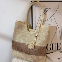Tas pantai lipat mode wanita, tas pantai lipit populer, katun, keranjang ritsleting, pita dekorasi, gaya Vintage untuk musim panas