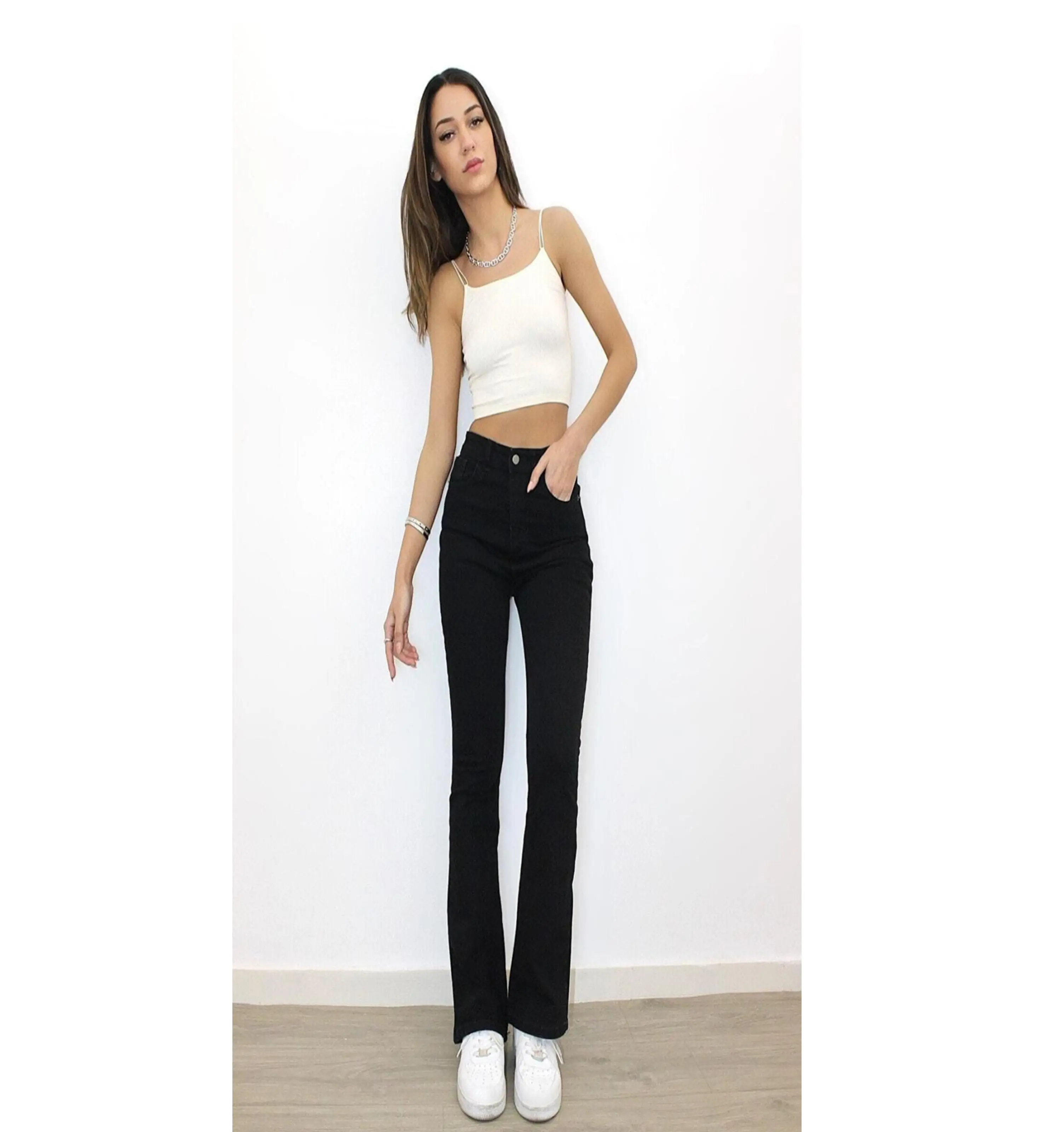 Wholesale European High Waist Women Casual Straight Wide Leg Denim Cargo Pants Washed Streetwear Custom Skinny Black Jeans