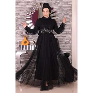 Vestido de Noche Largo, Corte en A, con Detalles de Encaje y Perlas, Tul con Decoración de Cristales y Flores, Talla XL, Color Liso, Poliéster, para Fiestas - Product Image 6