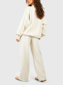 Nouveauté 2025 100% Polyester Femme 2 pièces Sweat-shirt en molleton surdimensionné à épaules tombantes Pantalon de survêtement ample et évasé Confortable - Product Image 3