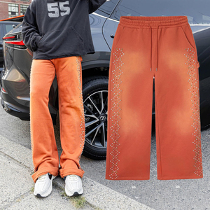 Pantalon de survêtement baggy délavé au soleil en coton éponge française surdimensionné délavé pantalon de survêtement vintage en cristal avec strass pour hommes - Product Image 1