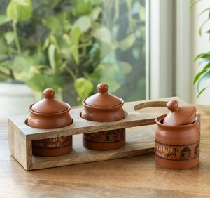 Warli Village Tales Multi-Purpose <b>Ceramic</b> Pickle & Chutney Jar Set With Wooden Holder Set Of 3 <b>Ceramic</b> Condiment <b>Pot</b> - Product Image 2