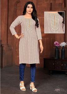 Ready Made Slub Cotton <b>Booti</b> Neck Sequence Work Kurtis for Online Sale - Product Image 3