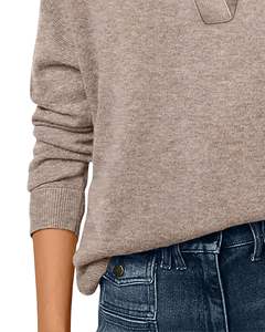 Pull en maille à col en V pour femme, couleur taupe, manches longues, doux, décontracté, ample, pour l'automne et l'hiver, à porter au quotidien, tendance chic - Product Image 5