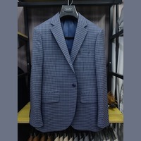 Jas Pria Biru Motif Kotak-kotak Gingham Single Breasted Satu Kancing Kerah Notch Setengah Berlapis Jas Bisnis Musim Panas untuk Pria Custom MTM