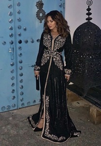 STUNNING BLACK COLOR CAFTAN DRESS FOR EMBELLISH WITH CRYSTAL BEADS,GLASS STONE WORK ON <b>SILK</b> <b>FABRIC</b> FOR PARTY-WEAR/WEDDING@ 2022 - Product Image 2