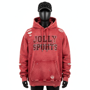 Sweat à capuche en molleton délavé à l'acide, poids lourd, rouge vintage, tissu en coton doux avec détails déchirés, logo en strass personnalisé, sweat à capuche basique - Product Image 1