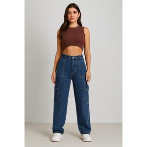 กางเกงยีนส์เอวสูงสีน้ำเงินเข้มสำหรับผู้หญิง OSCA INTERNATIONAL ผ้าฝ้าย 100% แต่งขอบ 6 กระเป๋า ผ้าสเตรช ระบายอากาศได้ดี - Product Image 1