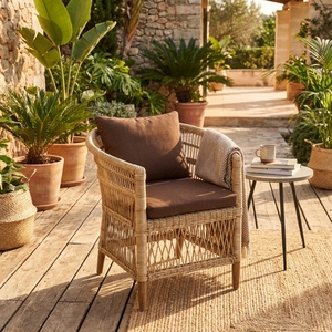 Fauteuil en rotin tressé naturel, fauteuil d'appoint en forme de tonneau avec coussin marron, chaise de jardin d'extérieur, décoration d'intérieur, design artistique pur - Product Image 4