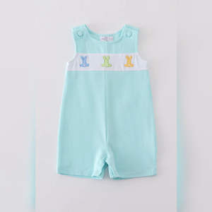 Robe de bébé lavable de haute qualité vert menthe lapin broderie Jonjon barboteuse Premium coton une pièce tenue US Made - Product Image 1