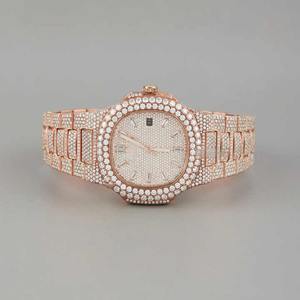 Reloj de Lujo Unisex con Esfera Baguette en Oro Rosa, Completamente Cubierto de Diamantes Moissanite VVS, Estilo Hip Hop, Cuarzo, Moda - Product Image 1