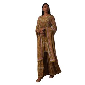 Giallo stampato Sharara in Chiffon con lavoro in pietra Kurta Designer abbigliamento etnico da donna per le feste e le occasioni di nozze - Product Image 3
