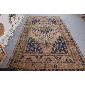 Alfombra turca Vintage de 5,7x10,2 pies, lana azul Beige hecha a mano con pelo de felpa, patrón abstracto Rectangular de altura para dormitorio - Product Image 4